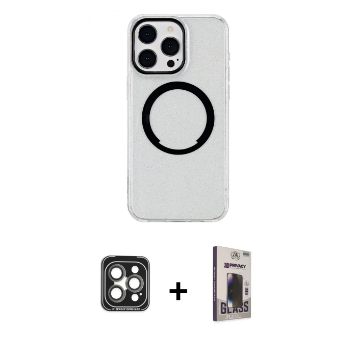 MARSİLYAN™- iPhone 15 Pro Max Kılıf Pusula Form - Siyah Bilvis Hayalet Cam Ekran Koruyucu + PVD Metal Kamera Lens - GI