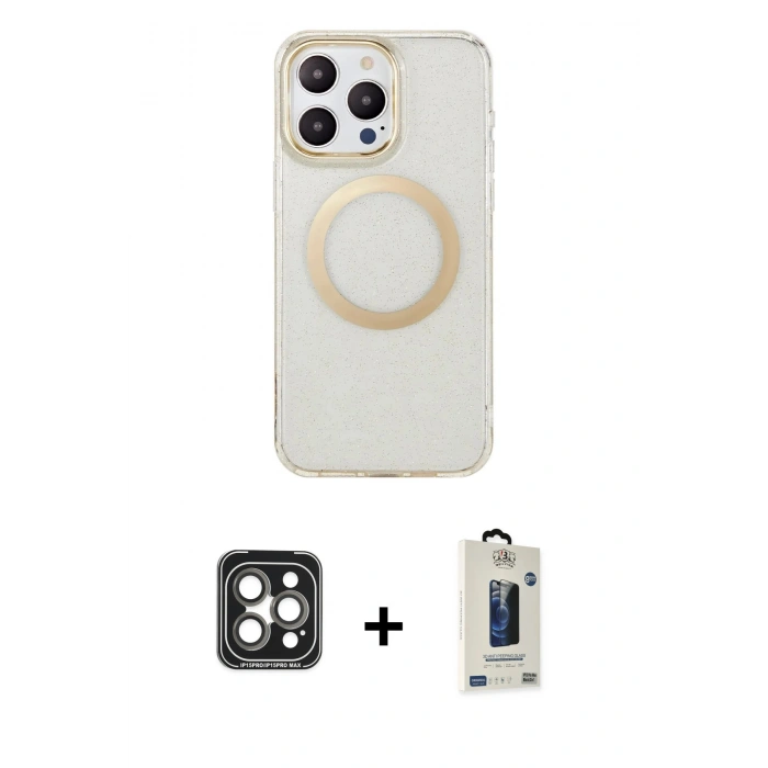 MARSİLYAN™- iPhone 15 Pro Max Kılıf Pusula Form - Siyah Bilvis Hayalet Cam Ekran Koruyucu + PVD Metal Kamera Lens - GI