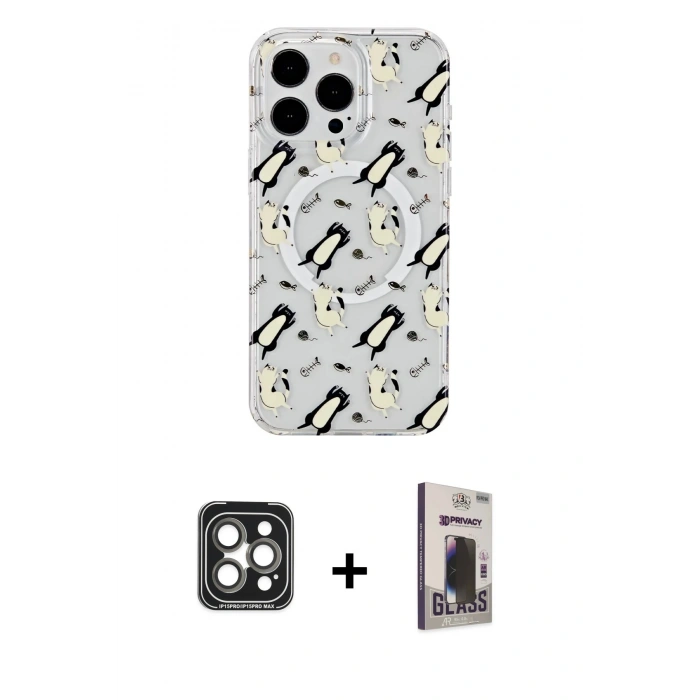 MARSİLYAN™- iPhone 15 Pro Max Kılıf Pusula Form - Siyah Bilvis Hayalet Cam Ekran Koruyucu + PVD Metal Kamera Lens - GI