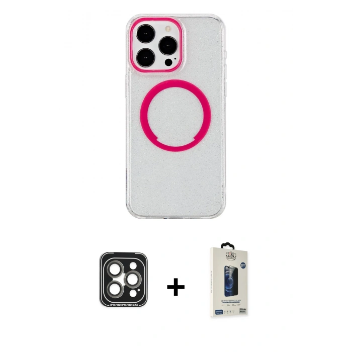 MARSİLYAN™- iPhone 15 Pro Max Kılıf Pusula Form - Siyah Bilvis Hayalet Cam Ekran Koruyucu + PVD Metal Kamera Lens - GI