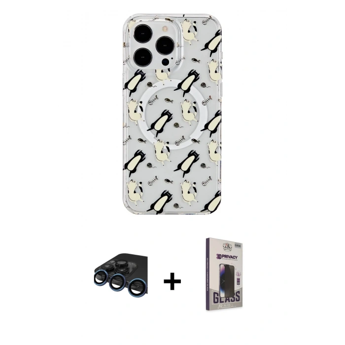 MARSİLYAN™- iPhone 15 Pro Max Kılıf Pusula Form - Siyah Bilvis Hayalet Cam Ekran Koruyucu + Raze Metal Kamera Lens - LT