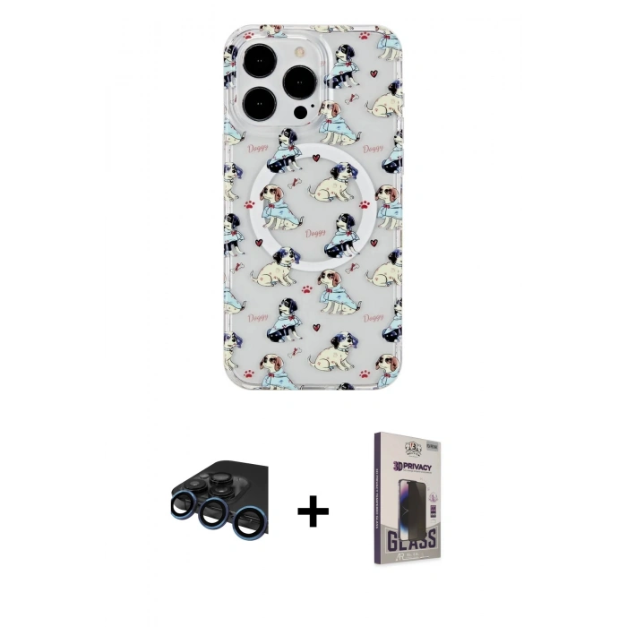 MARSİLYAN™- iPhone 15 Pro Max Kılıf Pusula Form - Siyah Bilvis Hayalet Cam Ekran Koruyucu + Raze Metal Kamera Lens - LT