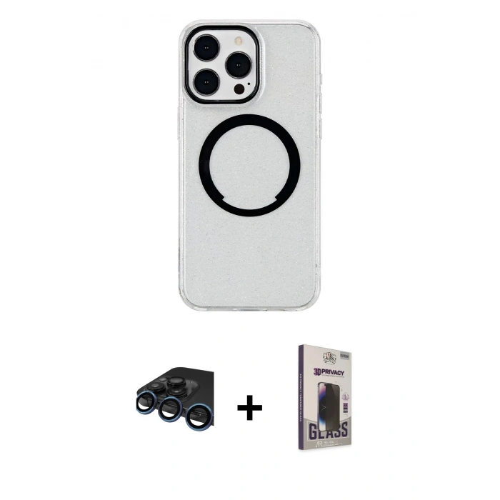 MARSİLYAN™- iPhone 15 Pro Max Kılıf Pusula Form - Siyah Bilvis Hayalet Cam Ekran Koruyucu + Raze Metal Kamera Lens - LT