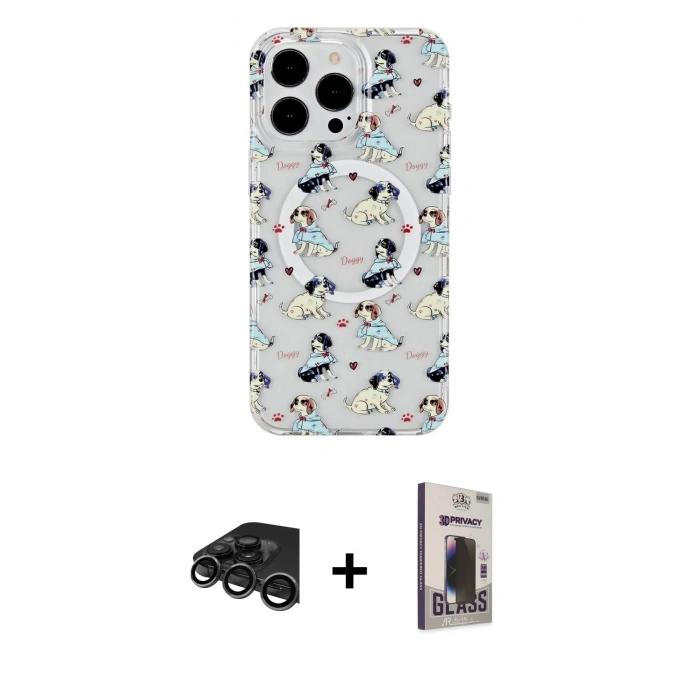 MARSİLYAN™- iPhone 15 Pro Max Kılıf Pusula Form - Siyah Bilvis Hayalet Cam Ekran Koruyucu + Raze Metal Kamera Lens - TMGI