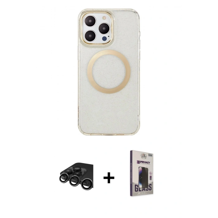 MARSİLYAN™- iPhone 15 Pro Max Kılıf Pusula Form - Siyah Bilvis Hayalet Cam Ekran Koruyucu + Raze Metal Kamera Lens - TMGI