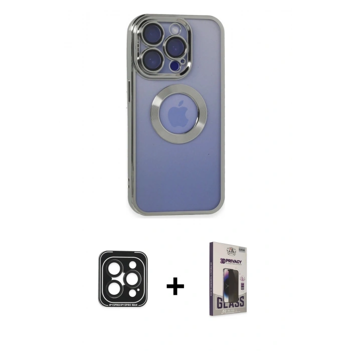 MARSİLYAN™- iPhone 15 Pro Max Kılıf Pusula Form - Siyah Bilvis Hayalet Cam Ekran Koruyucu + PVD Metal Kamera Lens - SH