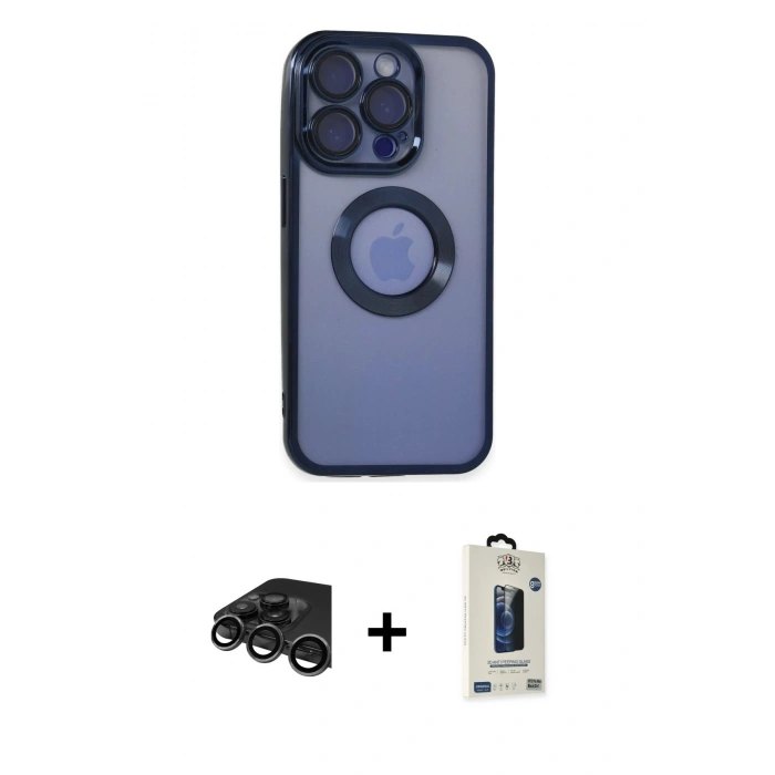MARSİLYAN™- iPhone 15 Pro Max Kılıf Pusula Form - Siyah Bilvis Hayalet Cam Ekran Koruyucu + Titanyum Gri Raze Metal Kamera Lens