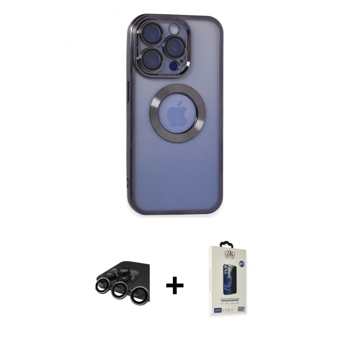 MARSİLYAN™- iPhone 15 Pro Max Kılıf Pusula Form - Siyah Bilvis Hayalet Cam Ekran Koruyucu + Titanyum Gri Raze Metal Kamera Lens
