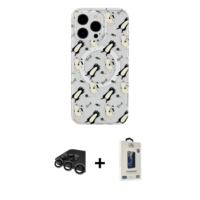 MARSİLYAN™- iPhone 15 Pro Max Kılıf Pusula Form - Siyah Bilvis Hayalet Cam Ekran Koruyucu + Titanyum Gri Raze Metal Kamera Lens