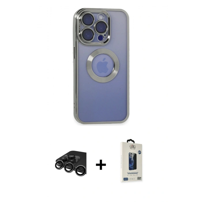 MARSİLYAN™- iPhone 15 Pro Max Kılıf Pusula Form - Siyah Bilvis Hayalet Cam Ekran Koruyucu + Titanyum Gri Raze Metal Kamera Lens