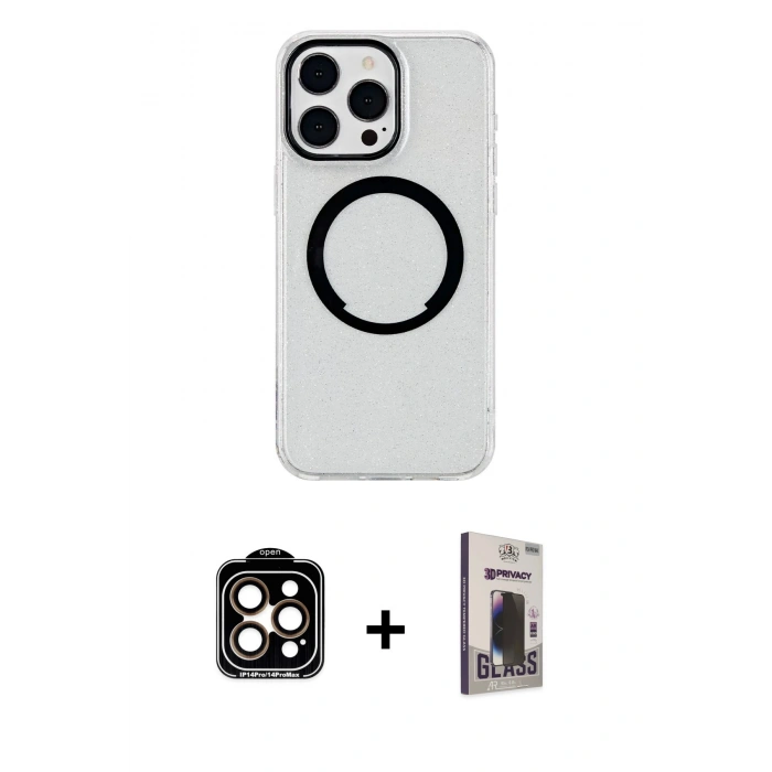 MARSİLYAN™- iPhone 15 Pro Max Kılıf Pusula Form - Siyah Bilvis Hayalet Cam Ekran Koruyucu + PVD Metal Kamera Lens - TU