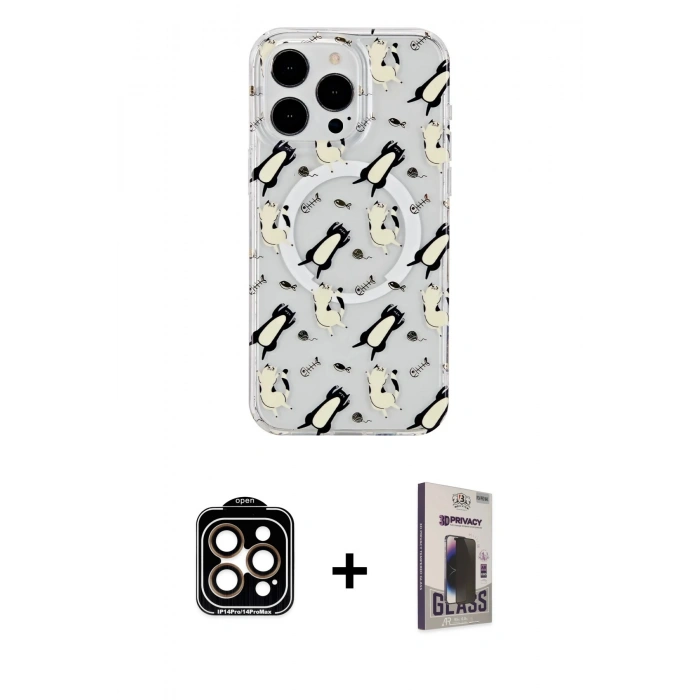 MARSİLYAN™- iPhone 15 Pro Max Kılıf Pusula Form - Siyah Bilvis Hayalet Cam Ekran Koruyucu + PVD Metal Kamera Lens - TU