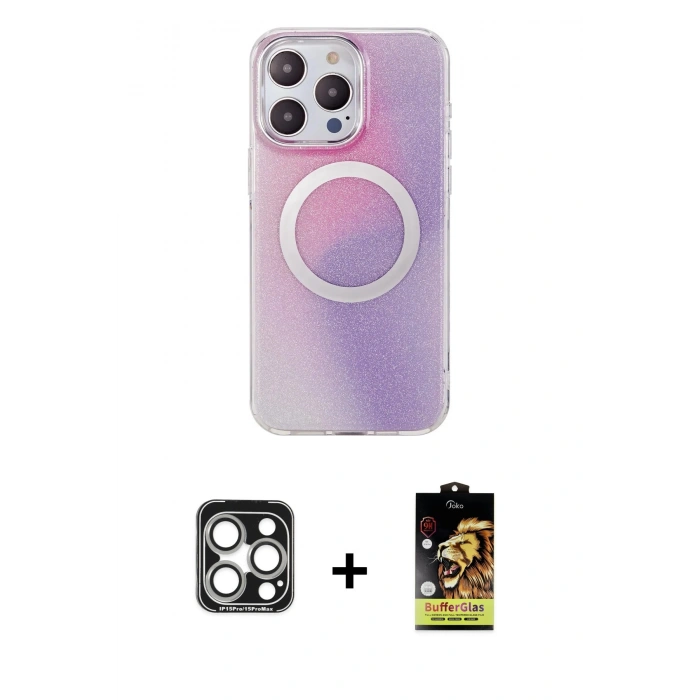 MARSİLYAN™- iPhone 15 Pro Max Kılıf Pusula Form - Siyah Buffer Cam Ekran Koruyucu + PVD Metal Kamera Lens - GS
