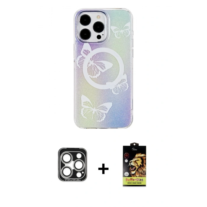MARSİLYAN™- iPhone 15 Pro Max Kılıf Pusula Form - Siyah Buffer Cam Ekran Koruyucu + PVD Metal Kamera Lens - GS