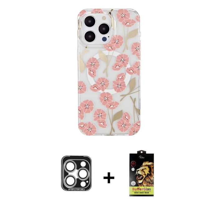 MARSİLYAN™- iPhone 15 Pro Max Kılıf Pusula Form - Siyah Buffer Cam Ekran Koruyucu + PVD Metal Kamera Lens - GS