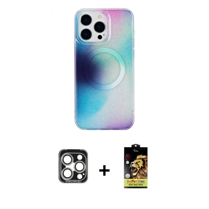 MARSİLYAN™- iPhone 15 Pro Max Kılıf Pusula Form - Siyah Buffer Cam Ekran Koruyucu + PVD Metal Kamera Lens - GS