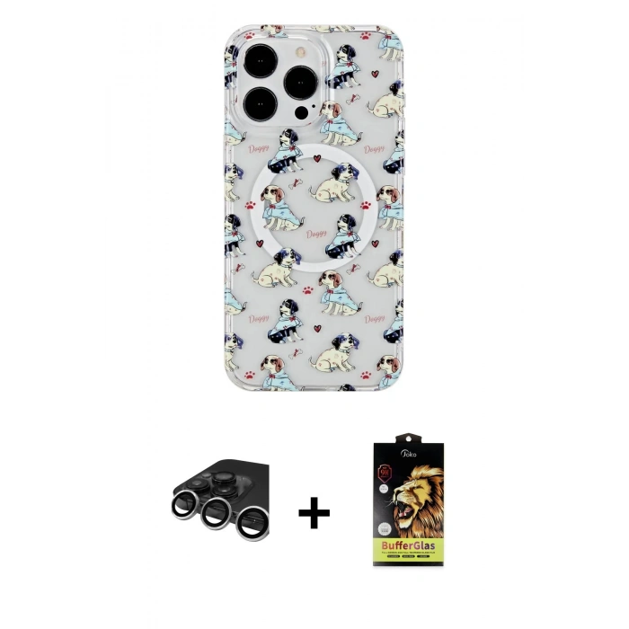 MARSİLYAN™- iPhone 15 Pro Max Kılıf Pusula Form - Siyah Buffer Cam Ekran Koruyucu + Gümüş Raze Metal Kamera Lens