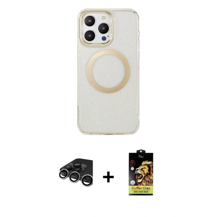 MARSİLYAN™- iPhone 15 Pro Max Kılıf Pusula Form - Siyah Buffer Cam Ekran Koruyucu + Gümüş Raze Metal Kamera Lens
