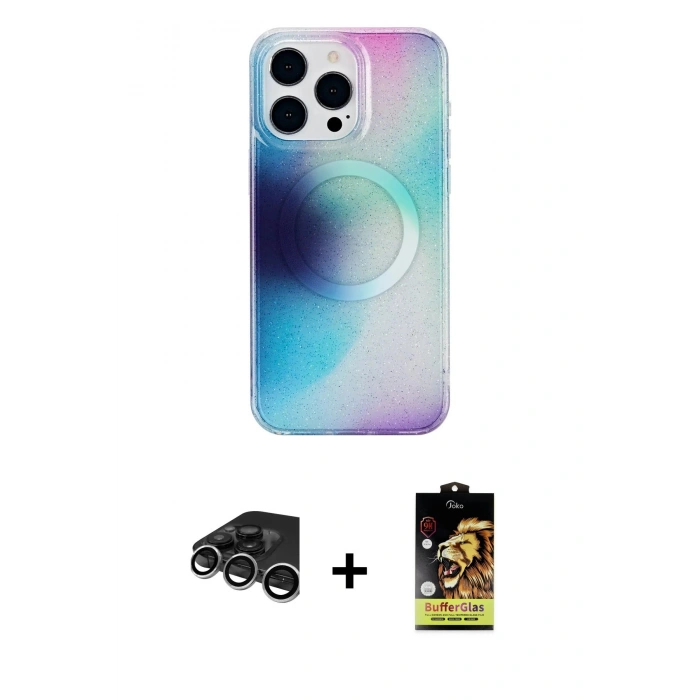 MARSİLYAN™- iPhone 15 Pro Max Kılıf Pusula Form - Siyah Buffer Cam Ekran Koruyucu + Gümüş Raze Metal Kamera Lens