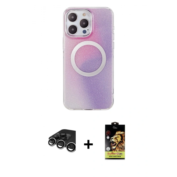 MARSİLYAN™- iPhone 15 Pro Max Kılıf Pusula Form - Siyah Buffer Cam Ekran Koruyucu + Gümüş Raze Metal Kamera Lens