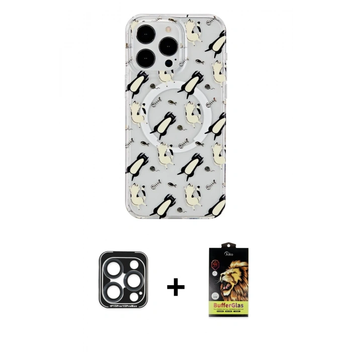 MARSİLYAN™- iPhone 15 Pro Max Kılıf Pusula Form - Siyah Buffer Cam Ekran Koruyucu + PVD Metal Kamera Lens - LT