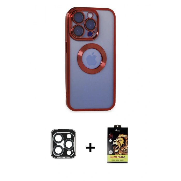 MARSİLYAN™- iPhone 15 Pro Max Kılıf Pusula Form - Siyah Buffer Cam Ekran Koruyucu + Lacivert PVD Metal Kamera Lens
