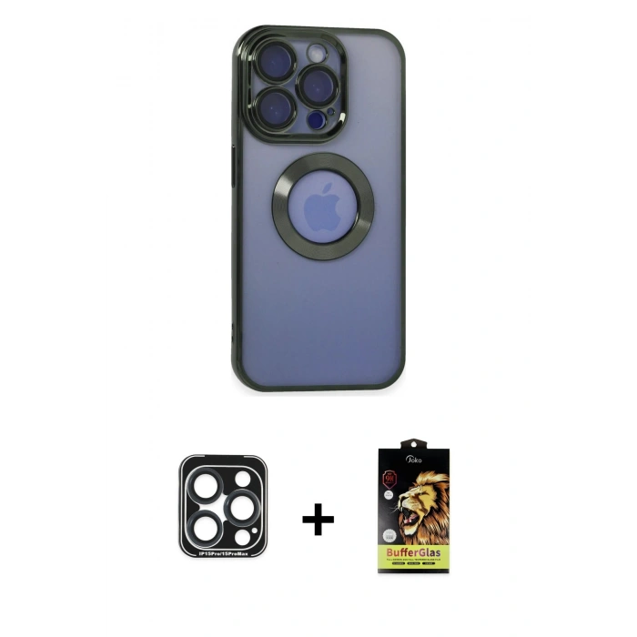 MARSİLYAN™- iPhone 15 Pro Max Kılıf Pusula Form - Siyah Buffer Cam Ekran Koruyucu + Lacivert PVD Metal Kamera Lens