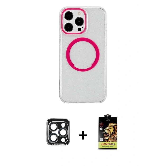 MARSİLYAN™- iPhone 15 Pro Max Kılıf Pusula Form - Siyah Buffer Cam Ekran Koruyucu + PVD Metal Kamera Lens - LT