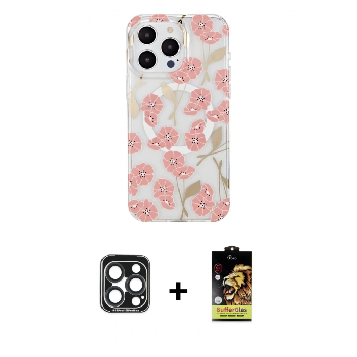 MARSİLYAN™- iPhone 15 Pro Max Kılıf Pusula Form - Siyah Buffer Cam Ekran Koruyucu + PVD Metal Kamera Lens - LT