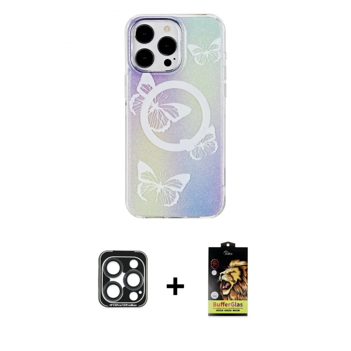 MARSİLYAN™- iPhone 15 Pro Max Kılıf Pusula Form - Siyah Buffer Cam Ekran Koruyucu + PVD Metal Kamera Lens - LT