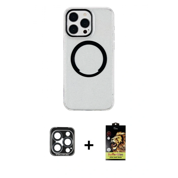 MARSİLYAN™- iPhone 15 Pro Max Kılıf Pusula Form - Siyah Buffer Cam Ekran Koruyucu + PVD Metal Kamera Lens - LT