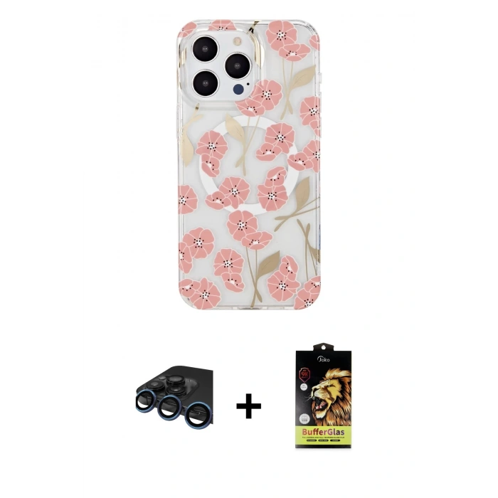 MARSİLYAN™- iPhone 15 Pro Max Kılıf Pusula Form - Siyah Buffer Cam Ekran Koruyucu + Lacivert Raze Metal Kamera Lens