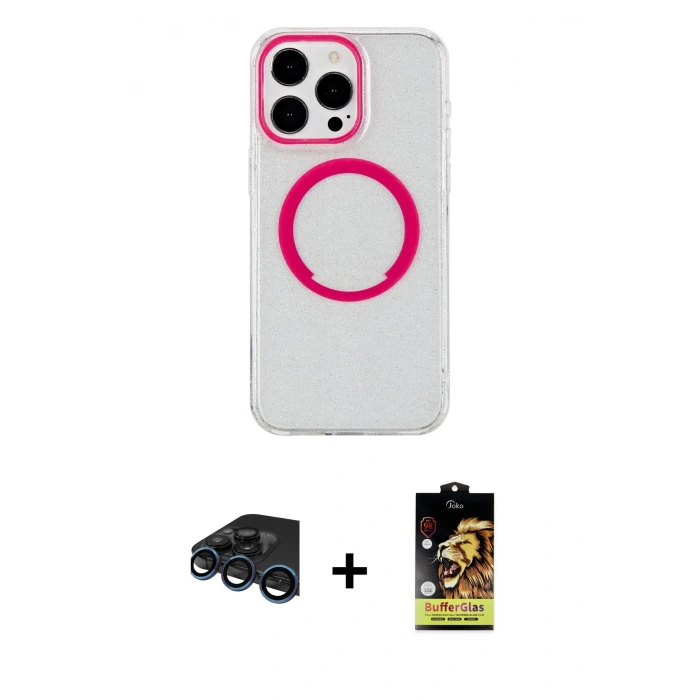 MARSİLYAN™- iPhone 15 Pro Max Kılıf Pusula Form - Siyah Buffer Cam Ekran Koruyucu + Lacivert Raze Metal Kamera Lens