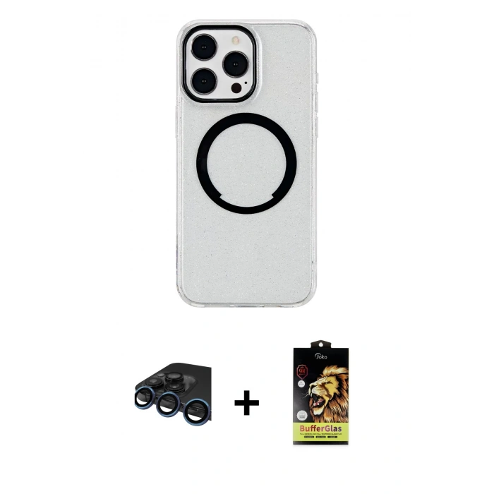 MARSİLYAN™- iPhone 15 Pro Max Kılıf Pusula Form - Siyah Buffer Cam Ekran Koruyucu + Lacivert Raze Metal Kamera Lens
