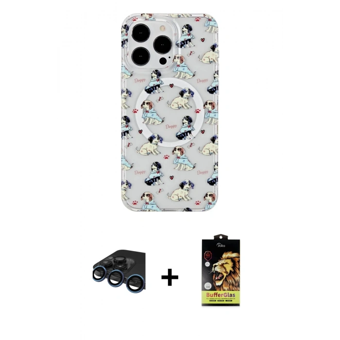 MARSİLYAN™- iPhone 15 Pro Max Kılıf Pusula Form - Siyah Buffer Cam Ekran Koruyucu + Lacivert Raze Metal Kamera Lens