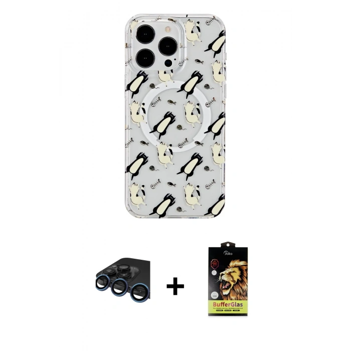 MARSİLYAN™- iPhone 15 Pro Max Kılıf Pusula Form - Siyah Buffer Cam Ekran Koruyucu + Lacivert Raze Metal Kamera Lens