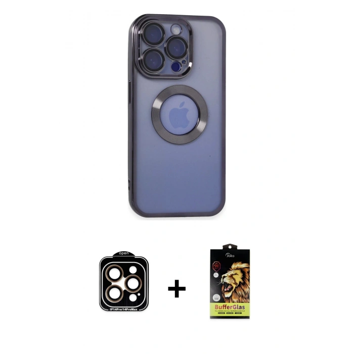 MARSİLYAN™- iPhone 15 Pro Max Kılıf Pusula Form - Siyah Buffer Cam Ekran Koruyucu + PVD Metal Kamera Lens - TU