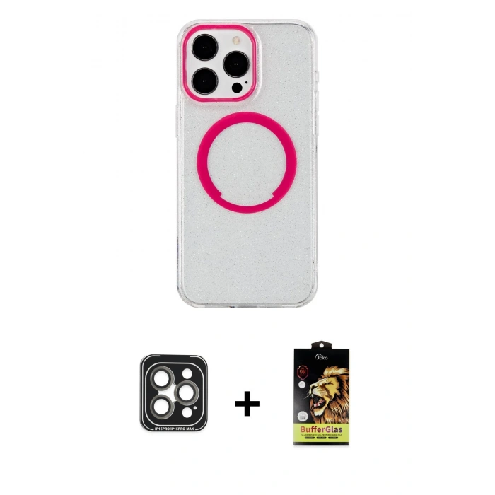 MARSİLYAN™- iPhone 15 Pro Max Kılıf Pusula Form - Siyah Buffer Cam Ekran Koruyucu + PVD Metal Kamera Lens - GI