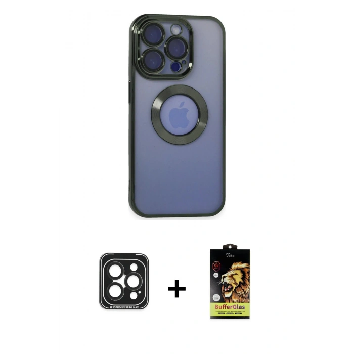 MARSİLYAN™- iPhone 15 Pro Max Kılıf Pusula Form - Siyah Buffer Cam Ekran Koruyucu + PVD Metal Kamera Lens - SH