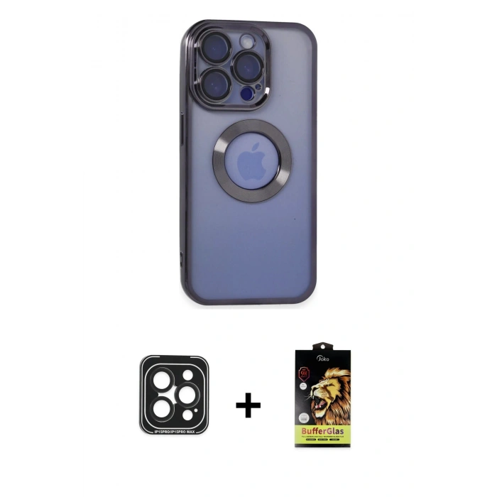 MARSİLYAN™- iPhone 15 Pro Max Kılıf Pusula Form - Siyah Buffer Cam Ekran Koruyucu + PVD Metal Kamera Lens - SH