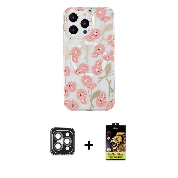 MARSİLYAN™- iPhone 15 Pro Max Kılıf Pusula Form - Siyah Buffer Cam Ekran Koruyucu + PVD Metal Kamera Lens - GI