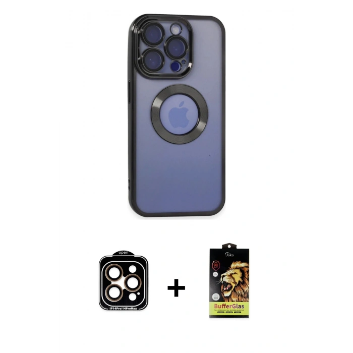 MARSİLYAN™- iPhone 15 Pro Max Kılıf Pusula Form - Siyah Buffer Cam Ekran Koruyucu + PVD Metal Kamera Lens - TU