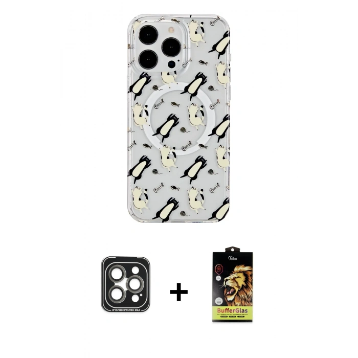 MARSİLYAN™- iPhone 15 Pro Max Kılıf Pusula Form - Siyah Buffer Cam Ekran Koruyucu + PVD Metal Kamera Lens - GI