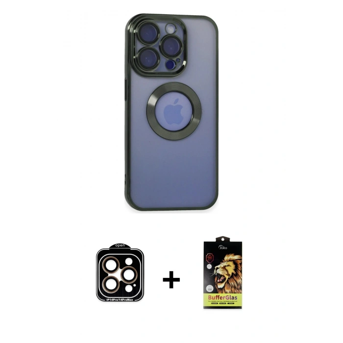 MARSİLYAN™- iPhone 15 Pro Max Kılıf Pusula Form - Siyah Buffer Cam Ekran Koruyucu + PVD Metal Kamera Lens - TU