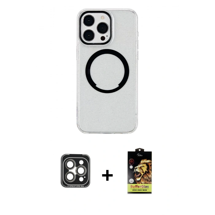 MARSİLYAN™- iPhone 15 Pro Max Kılıf Pusula Form - Siyah Buffer Cam Ekran Koruyucu + PVD Metal Kamera Lens - GI