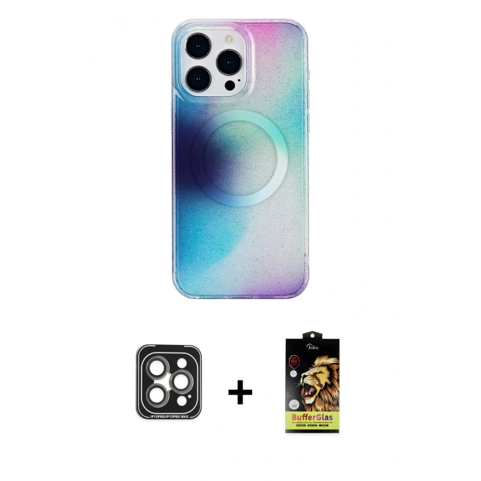 MARSİLYAN™- iPhone 15 Pro Max Kılıf Pusula Form - Siyah Buffer Cam Ekran Koruyucu + PVD Metal Kamera Lens - GI