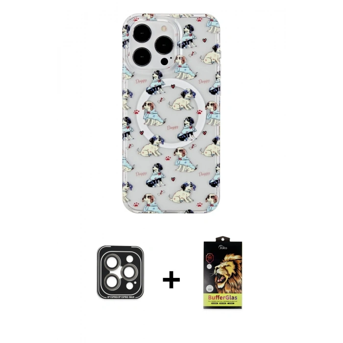 MARSİLYAN™- iPhone 15 Pro Max Kılıf Pusula Form - Siyah Buffer Cam Ekran Koruyucu + PVD Metal Kamera Lens - GI