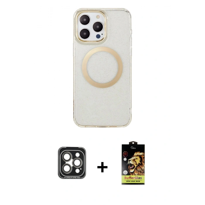 MARSİLYAN™- iPhone 15 Pro Max Kılıf Pusula Form - Siyah Buffer Cam Ekran Koruyucu + PVD Metal Kamera Lens - GI