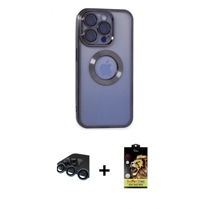 MARSİLYAN™- iPhone 15 Pro Max Kılıf Pusula Form - Siyah Buffer Cam Ekran Koruyucu + Raze Metal Kamera Lens - LT