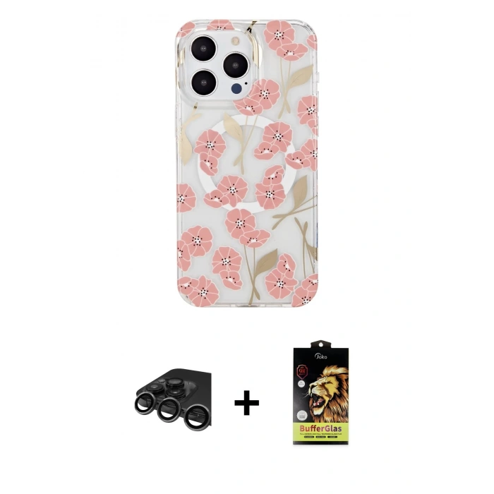 MARSİLYAN™- iPhone 15 Pro Max Kılıf Pusula Form - Siyah Buffer Cam Ekran Koruyucu + Raze Metal Kamera Lens - TMGI